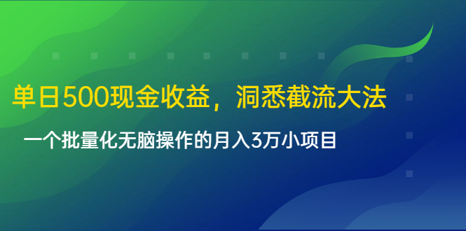 单日500现金收益，洞悉截流大法，一个批量化无脑操作的月入3万小项目-小伟资源网