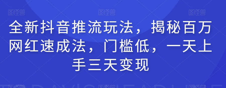 全新抖音推流玩法，揭秘百万网红速成法，门槛低，一天上手三天变现-小伟资源网