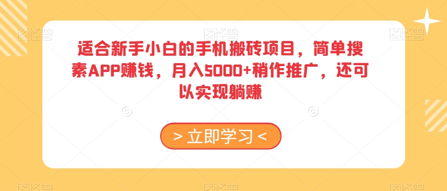 适合新手小白的手机搬砖项目，简单搜素APP赚钱，月入5000+稍作推广，还可以实现躺赚【揭秘】-小伟资源网