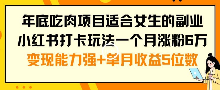 年底吃肉项目适合女生的副业小红书打卡玩法一个月涨粉6万+变现能力强+单月收益5位数【揭秘】-小伟资源网