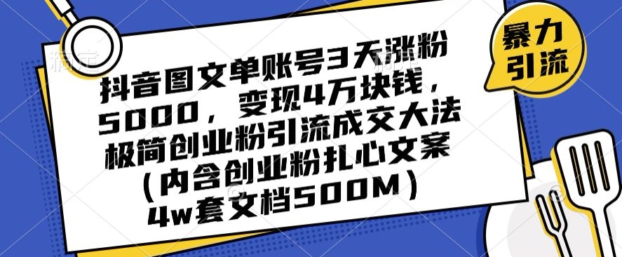 抖音图文单账号3天涨粉5000，变现4万块钱，极简创业粉引流成交大法-小伟资源网