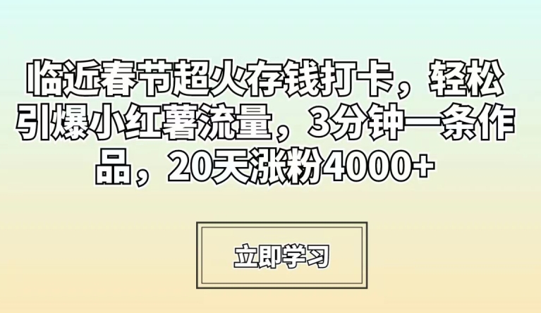 临近春节超火存钱打卡，轻松引爆小红薯流量，3分钟一条作品，20天涨粉4000+【揭秘】-小伟资源网