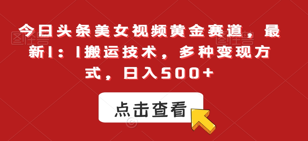 今日头条美女视频黄金赛道，最新1：1搬运技术，多种变现方式，日入500+【揭秘】-小伟资源网