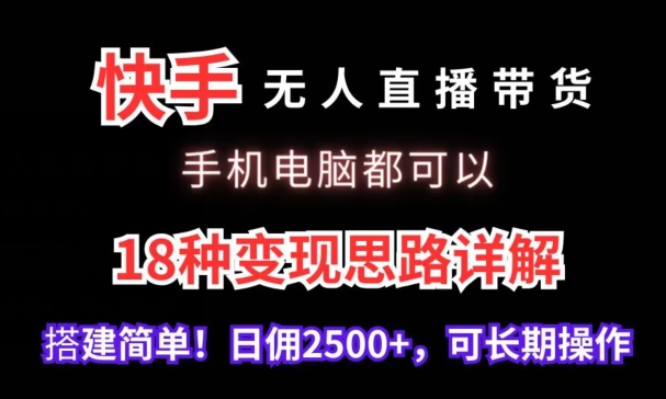 快手无人直播带货，手机电脑都可以，18种变现思路详解，搭建简单日佣2500+【揭秘】-小伟资源网