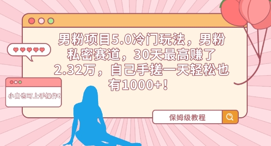 男粉项目5.0冷门玩法，男粉私密赛道，30天最高赚了2.32万，自己手搓一天轻松也有1000+【揭秘】-小伟资源网