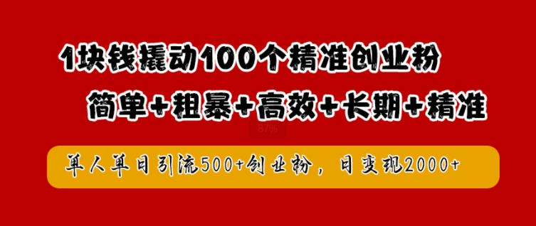 1块钱撬动100个精准创业粉，简单粗暴高效长期精准，单人单日引流500+创业粉，日变现2k【揭秘】-小伟资源网