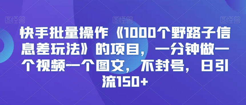 快手批量操作《1000个野路子信息差玩法》的项目，一分钟做一个视频一个图文，不封号，日引流150+【揭秘】-小伟资源网