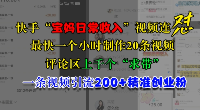 快手“宝妈日常收入”视频连怼，一个小时制作20条视频，评论区上千个“求带”，一条视频引流200+精准创业粉-小伟资源网